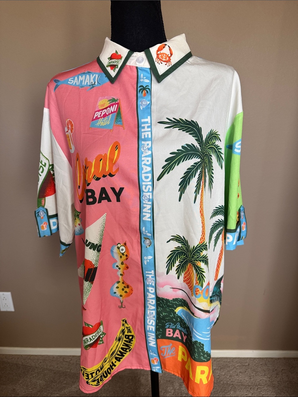 Alemais Pink White Green Blue Tropical Panel Button-Up Shirt